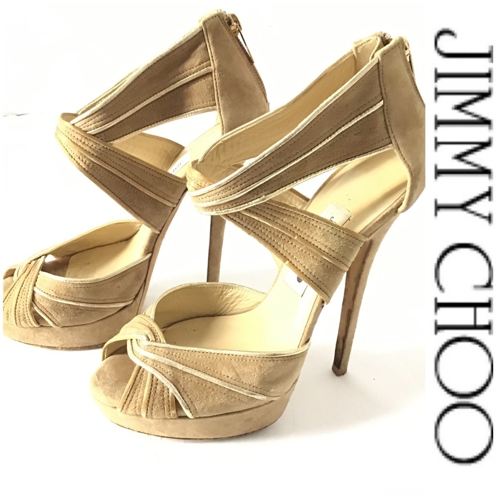 Jimmy Choo Tan Gold Trim Suede Heels